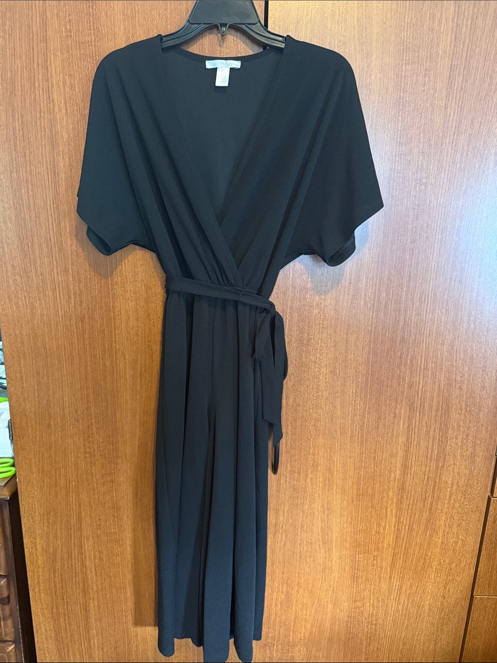London Times Black Wrap Jumpsuit with Tie Waist Dolman Sleeve Classic